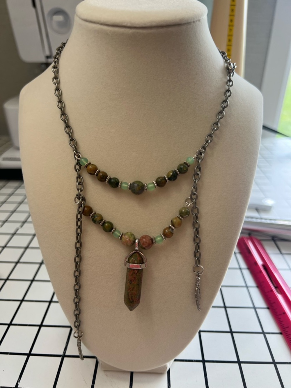 Layered Green and Brown Stone Pendant Necklace